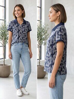 Liz Claireborne Blue Collared Women's with Floral Print Polo Shirt - Size Medium